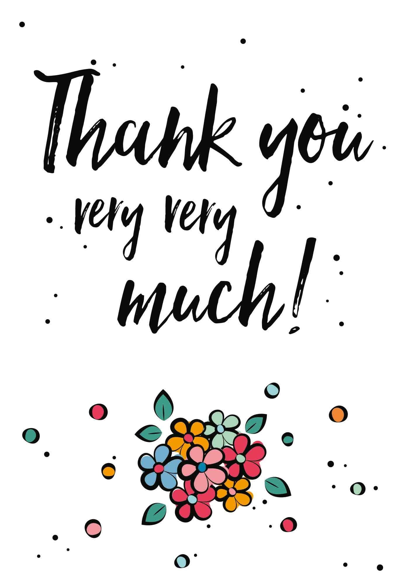 Op deze wenskaart staat de tekst: "Thank you very very much!" met bloemen eronder.