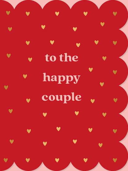Op deze wenskaart staan gouden hartjes op een rode achtergrond met in het midden de tekst: "To the happy couple".