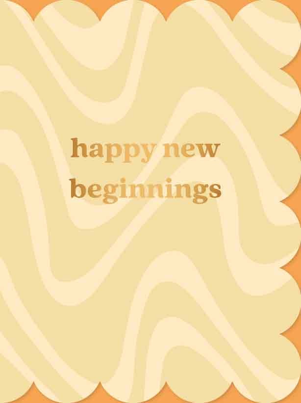 Op deze wenskaart staan kronkelende lijnen twee kleuren beige met in het midden de tekst: "Happy new beginnings".