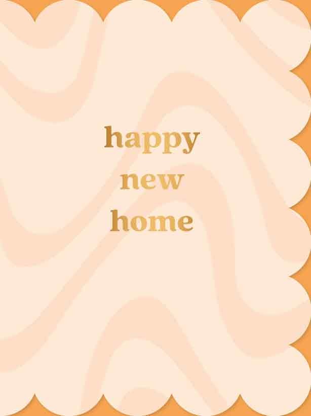 Op deze wenskaart staan kronkelende lijnen in het beige en roze, met in het midden de tekst: "Happy new home".