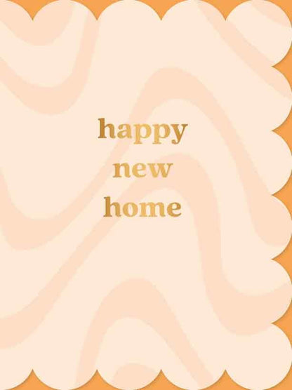 Op deze wenskaart staan kronkelende lijnen in het beige en roze, met in het midden de tekst: "Happy new home".