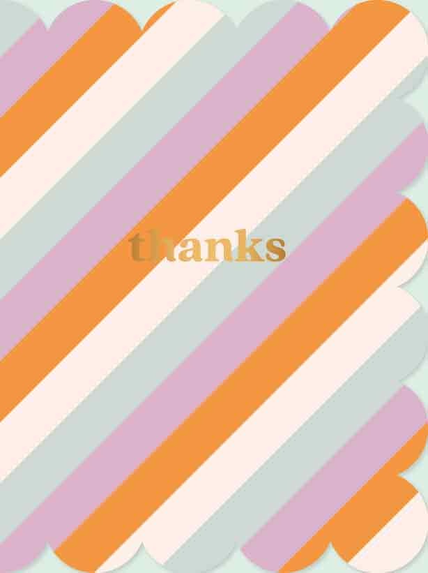 Op deze wenskaart staan lijnen in de kleuren oranje, groen, paars en oranje, met in het midden de tekst: "Thanks".