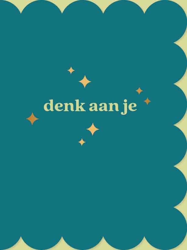 Op deze wenskaart staat de tekst: "Denk aan je" op een donkerblauwe achtergrond.