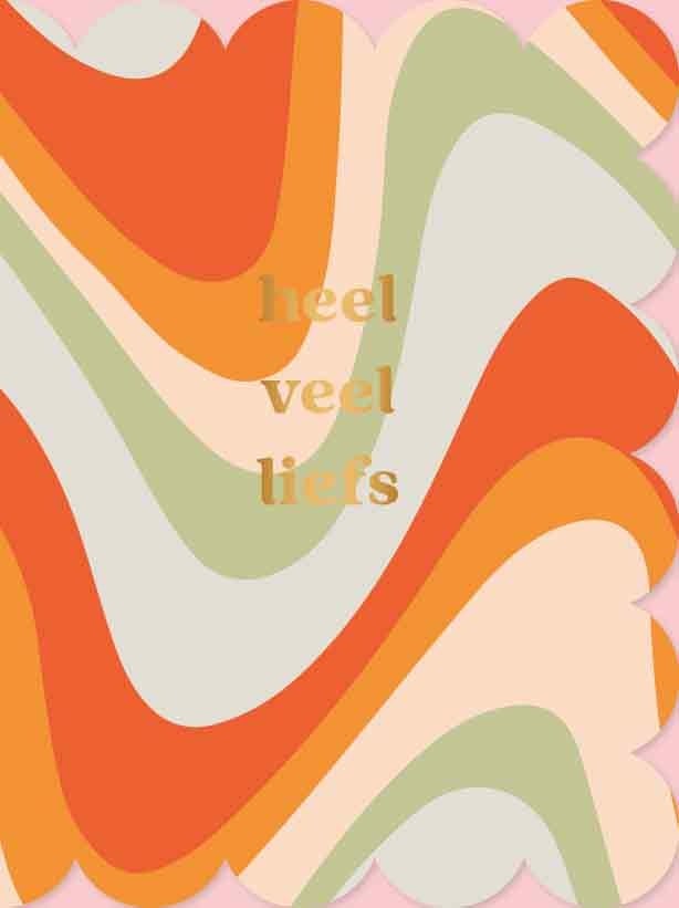 Op deze wenskaart staan lijnen in de kleuren rood, oranje, beige, groen en blauw, met in het midden de tekst: "Heel veel liefs".