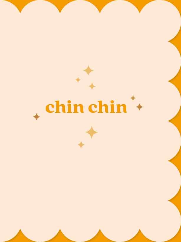 Op deze wenskaart staat de tekst: "Chin chin" op een beige achtergrond.