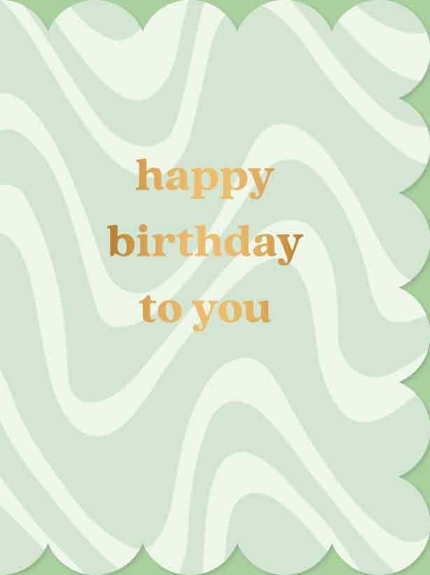 Op deze wenskaart staan lijnen in de kleuren wit en mintgroen, met in het midden de tekst: "Happy birthday to you".