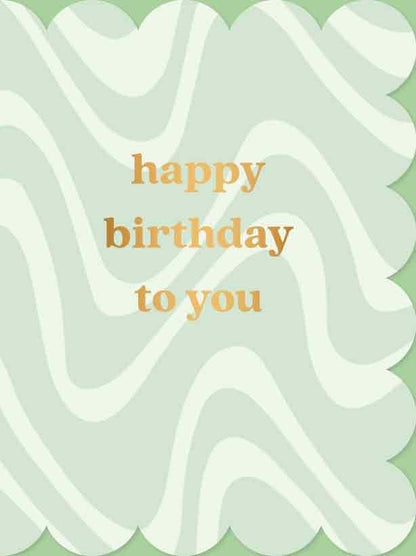 Op deze wenskaart staan lijnen in de kleuren wit en mintgroen, met in het midden de tekst: "Happy birthday to you".