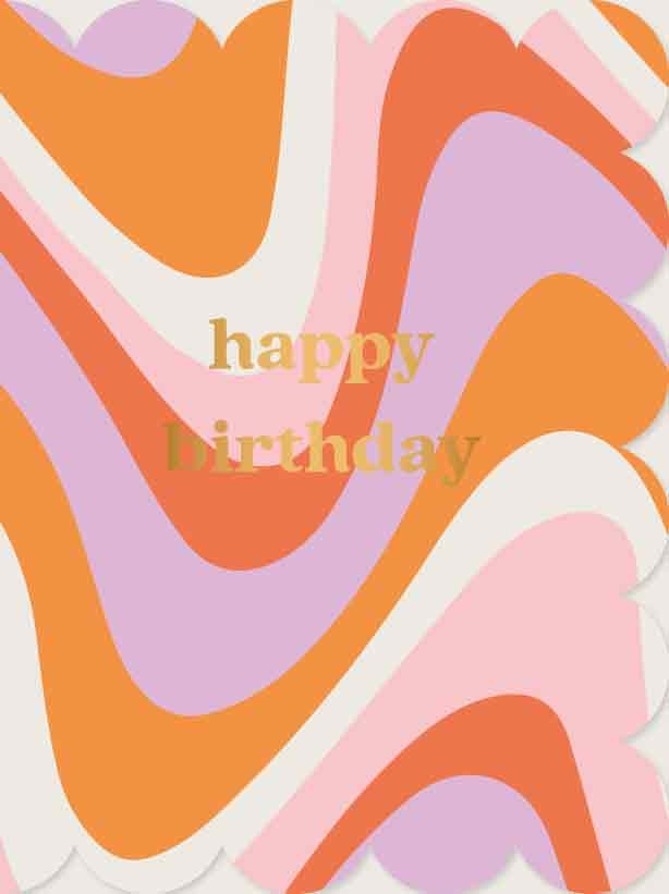 Op deze wenskaart staan lijnen in de kleuren oranje, wit, paars, roze en rood, met in het midden de tekst: "Happy birthday".