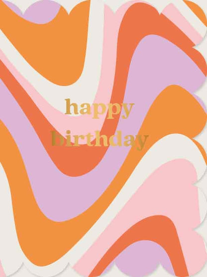 Op deze wenskaart staan lijnen in de kleuren oranje, wit, paars, roze en rood, met in het midden de tekst: "Happy birthday".