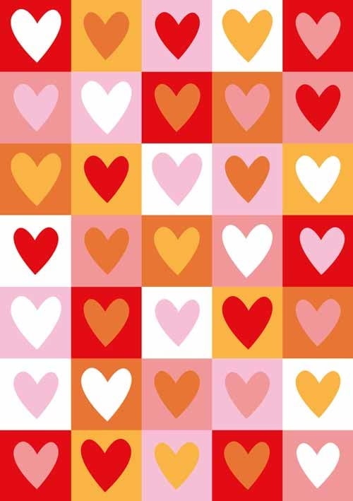 Op deze wenskaart staan vakjes met hartjes in de kleuren wit, rood, geel, roze en oranje. 