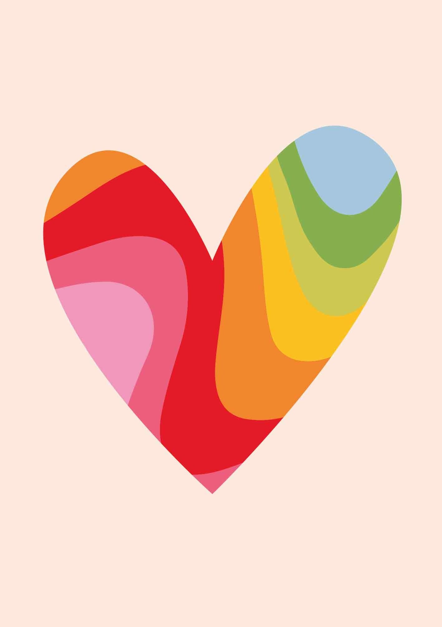 Op deze wenskaart staat een groot hart in regenboogkleuren, op een witte achtergrond.