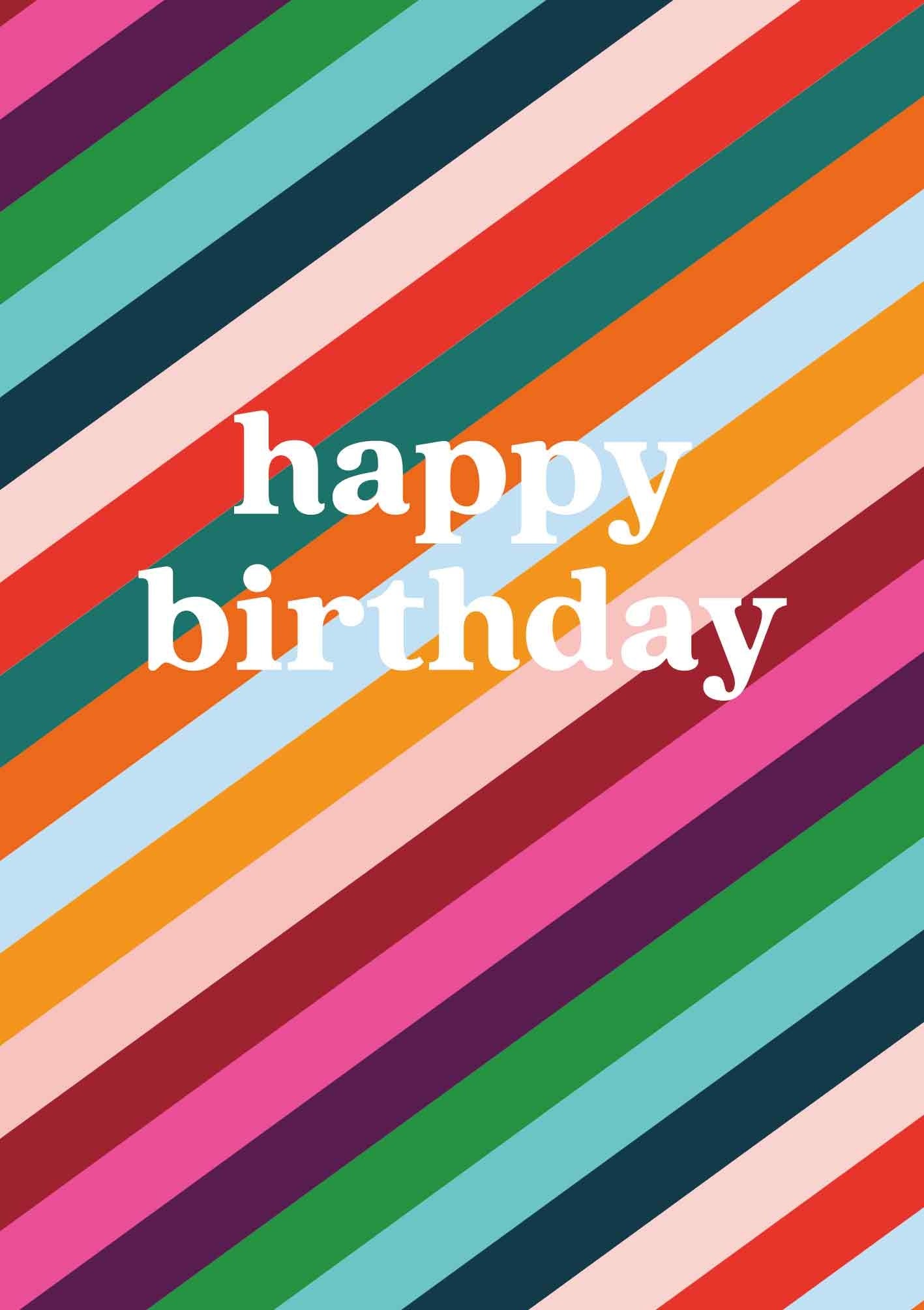 Op deze wenskaart staan lijnen in de kleuren paars, roze, groen, blauw, beige, rood en oranje, met in het midden de tekst: "Happy birthday".