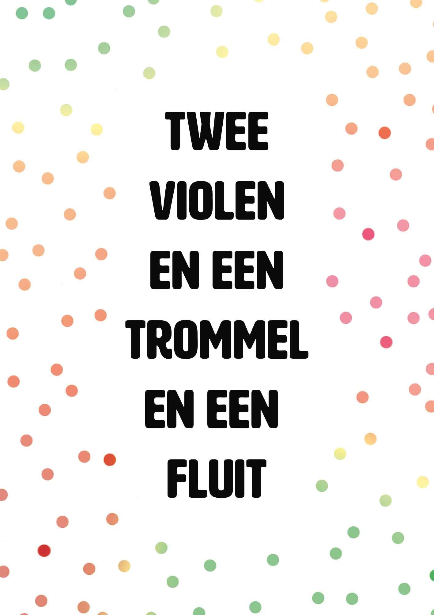 Op deze wenskaart staat de tekst: "Twee violen en een trommel en een fluit" op een witte achtergrond met stippen.