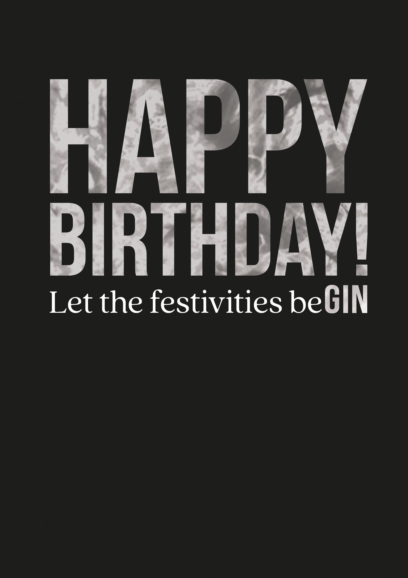 Op deze wenskaart staat de tekst: "Happy birthday! Let the festivities beGIN" op een zwarte achtergrond.