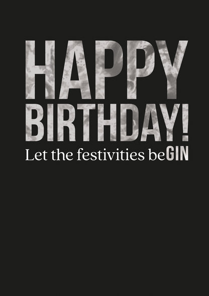 Op deze wenskaart staat de tekst: "Happy birthday! Let the festivities beGIN" op een zwarte achtergrond.