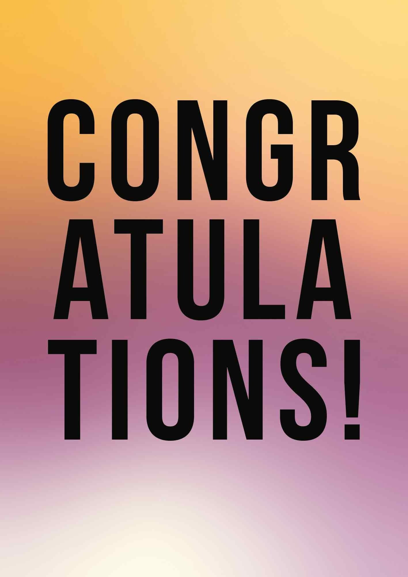 Op deze wenskaart staat de tekst: "Congratulations!" op een geel, paars en witte achtergrond.