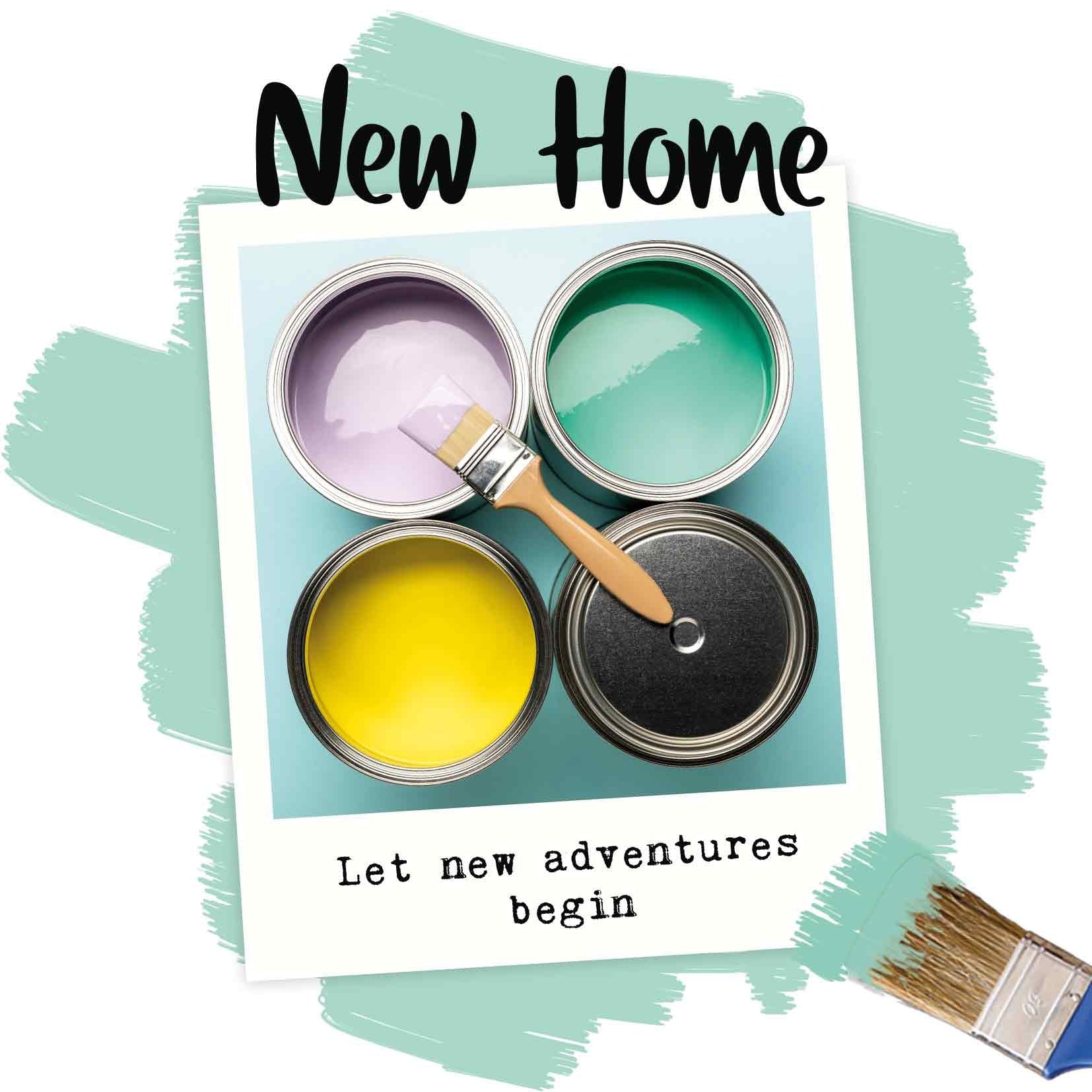 Op deze wenskaart staan vier potten met verf. In de illustratie staat de tekst: "New home let new adventures begin".