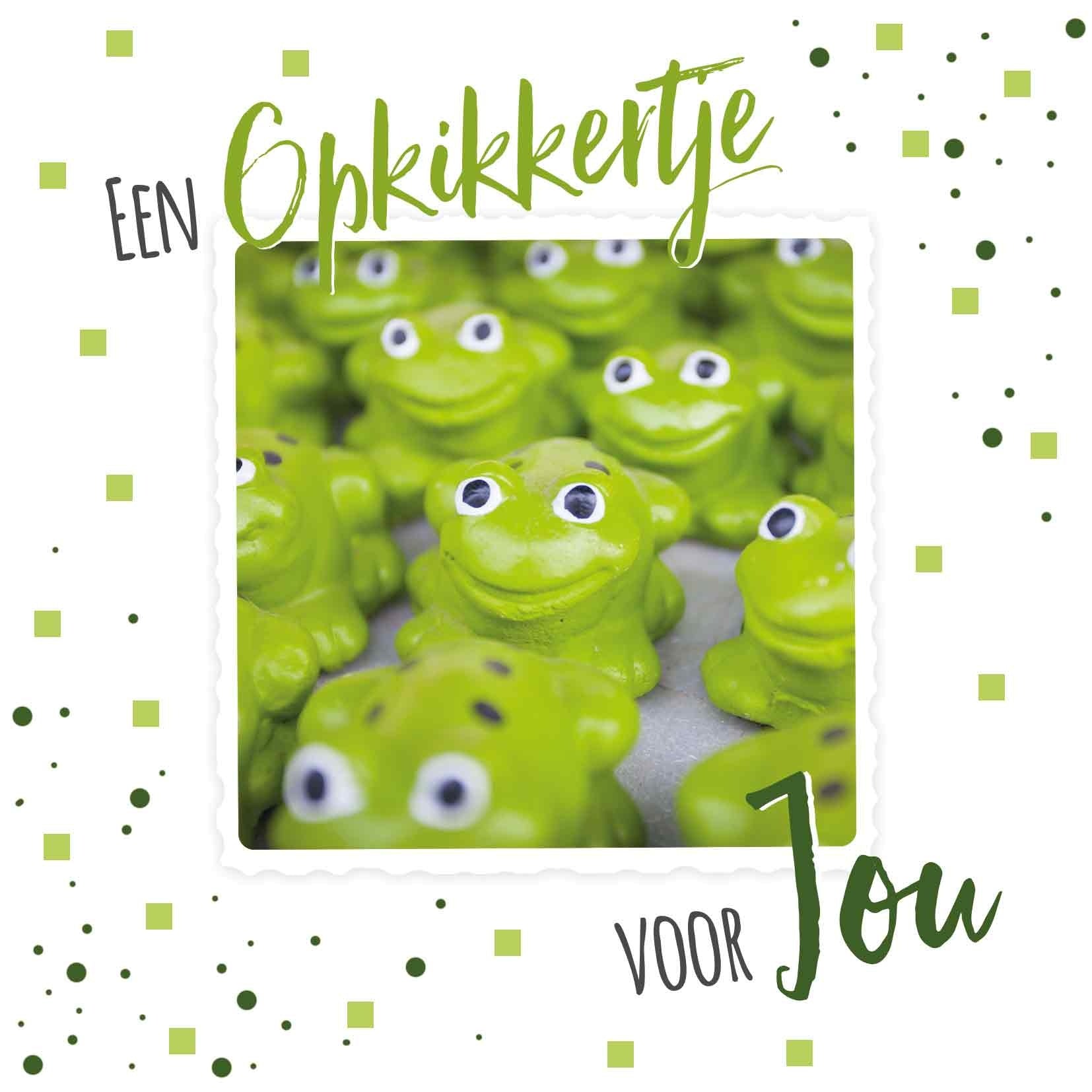 Op deze wenskaarrt staan kikkertjes met de tekst: "Een opkikkertje voor jou".