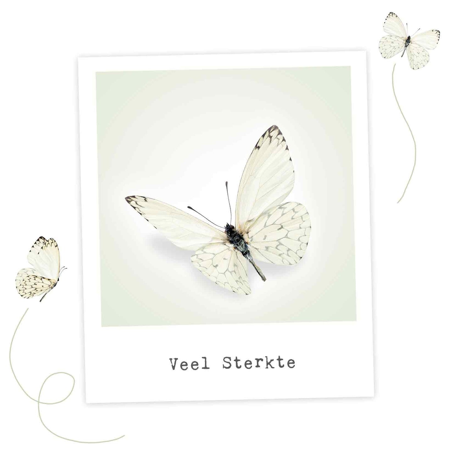 Op deze wenskaart staan witte vlinders met daaronder de tekst: "Veel sterkte".