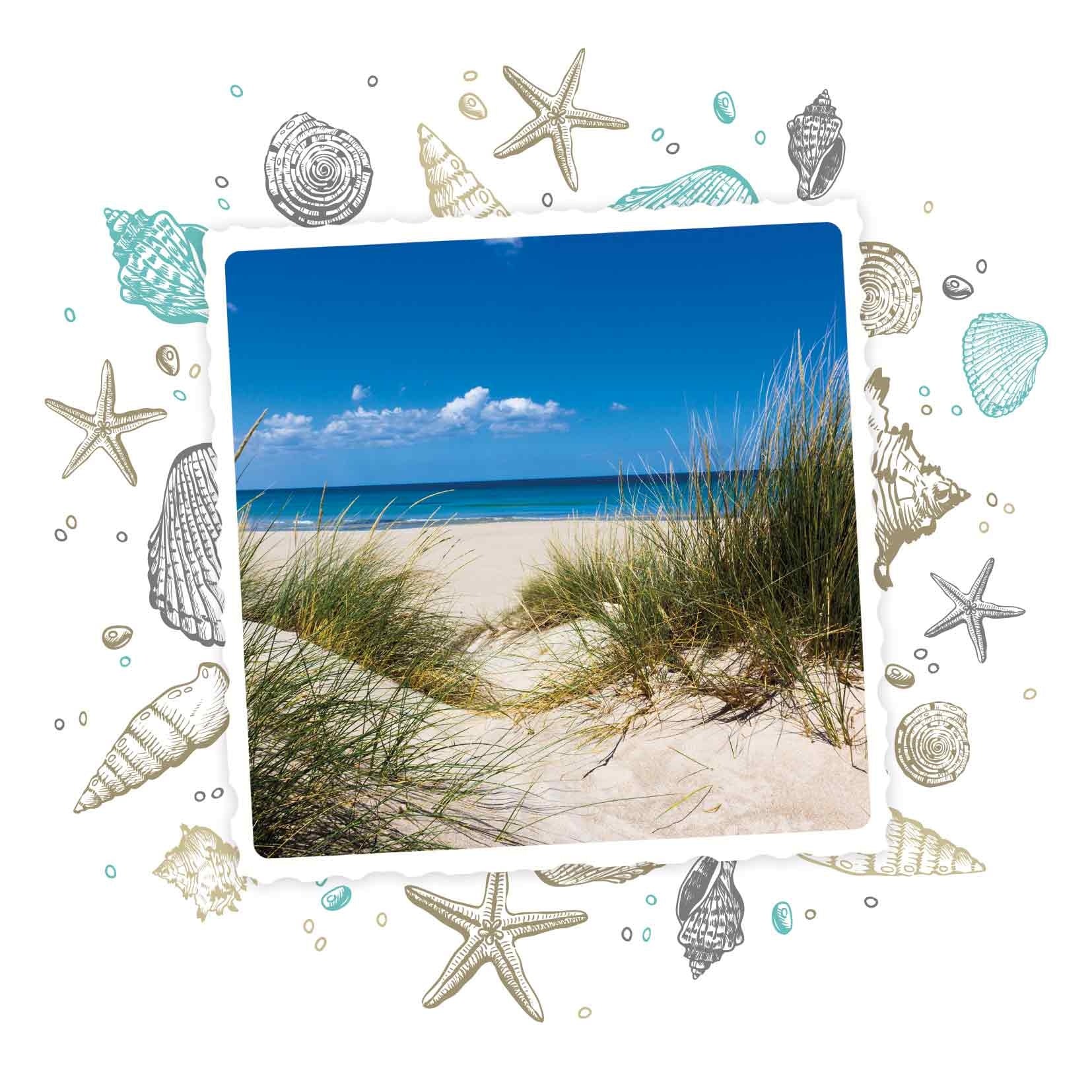 Op deze wenskaart staan duinen die uitlopen op een strand met een blauwe zee.