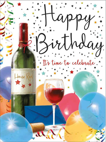 Op deze wenskaart staat een fl rode wij, ballonnen, slingers en een envelop. In de illustratie staat de tekst: "Happy birthday it's time to celebrate".