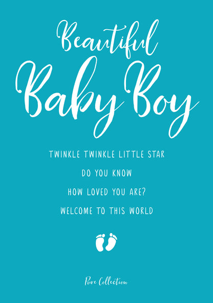 Op deze wenskaart staat de tekst: "Beautiful baby boy. Twinkle winkle little star do you know how loved you are? Welcome to this world".