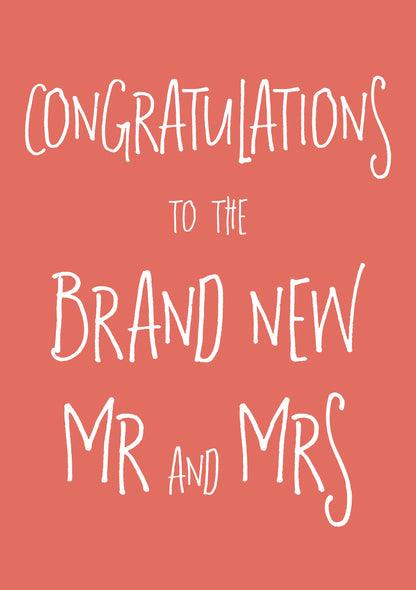 Op deze wenskaart staat de tekst: "Congratualtions to the brand new mr and mrs".