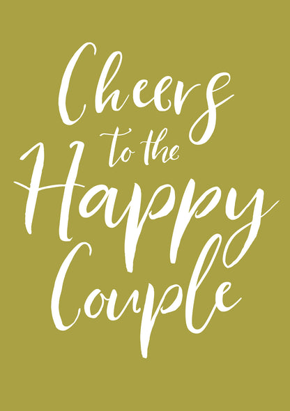 Op deze wenskaart staat de tekst: "Cheers to the happy couple".