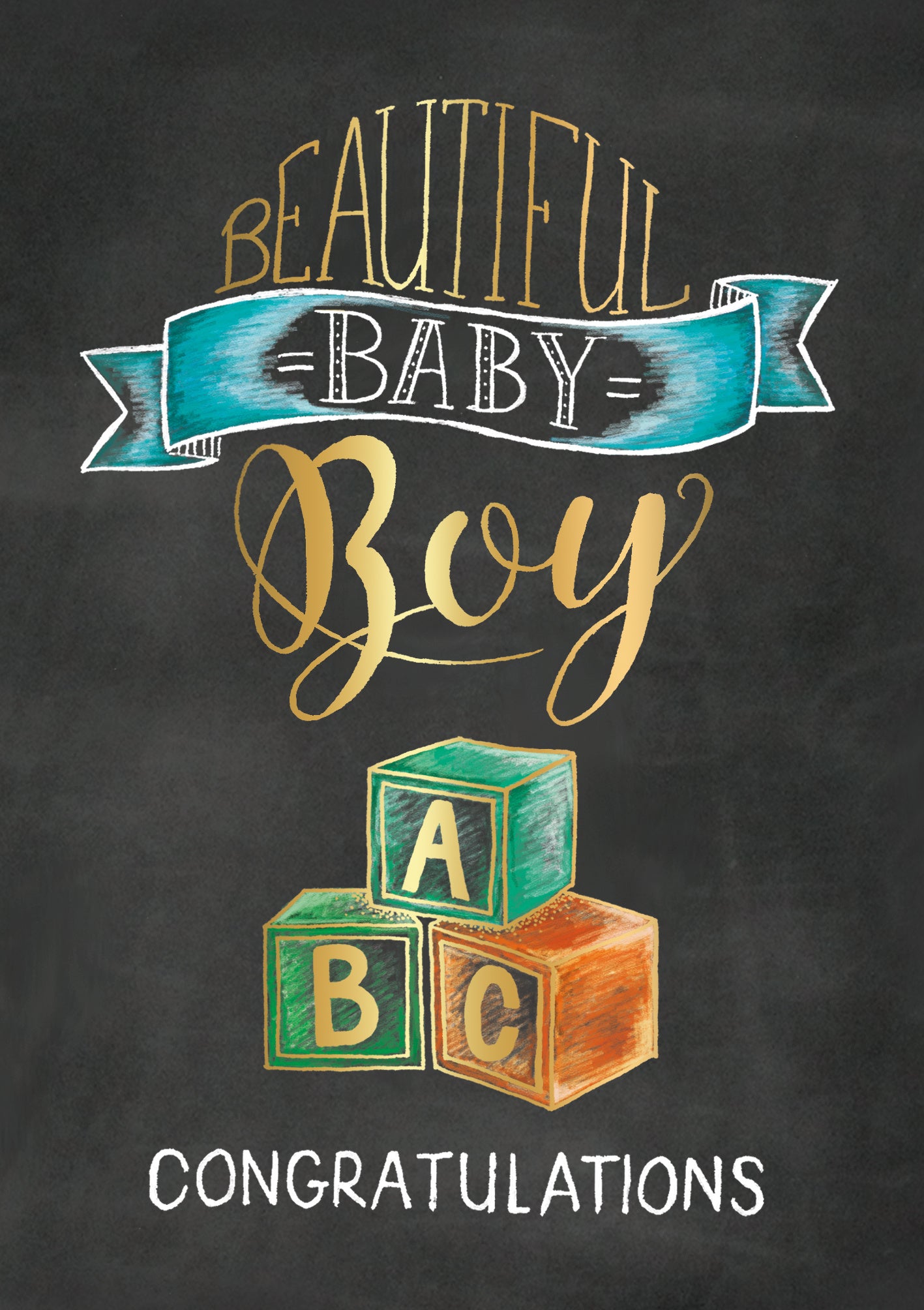 Op deze wenskaart staan babyblokken met daarboven de tekst: "Beautiful baby boy congratualtions".