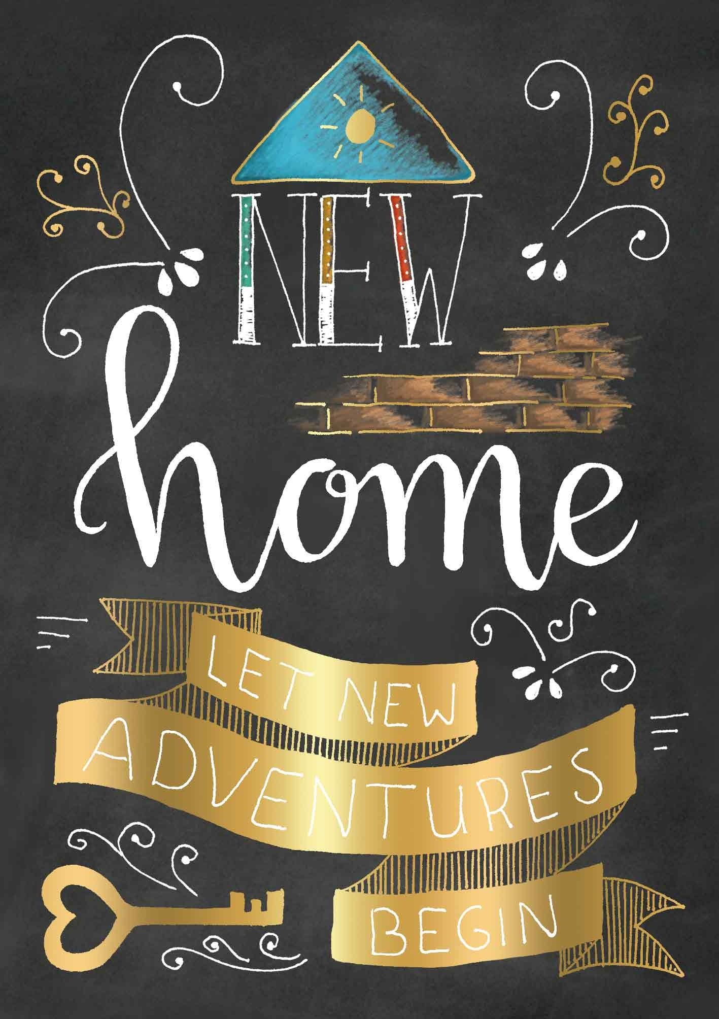 Op deze wenskaart staat de tekst: "New home let new adventures begin".