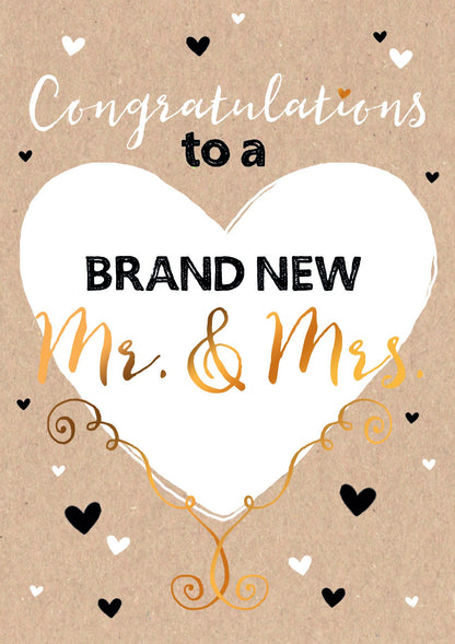 Op deze wenskaart staan hartjes met een groot wit hart in het midden met de tekst: "Congratulations to a brand new MR & MRS".