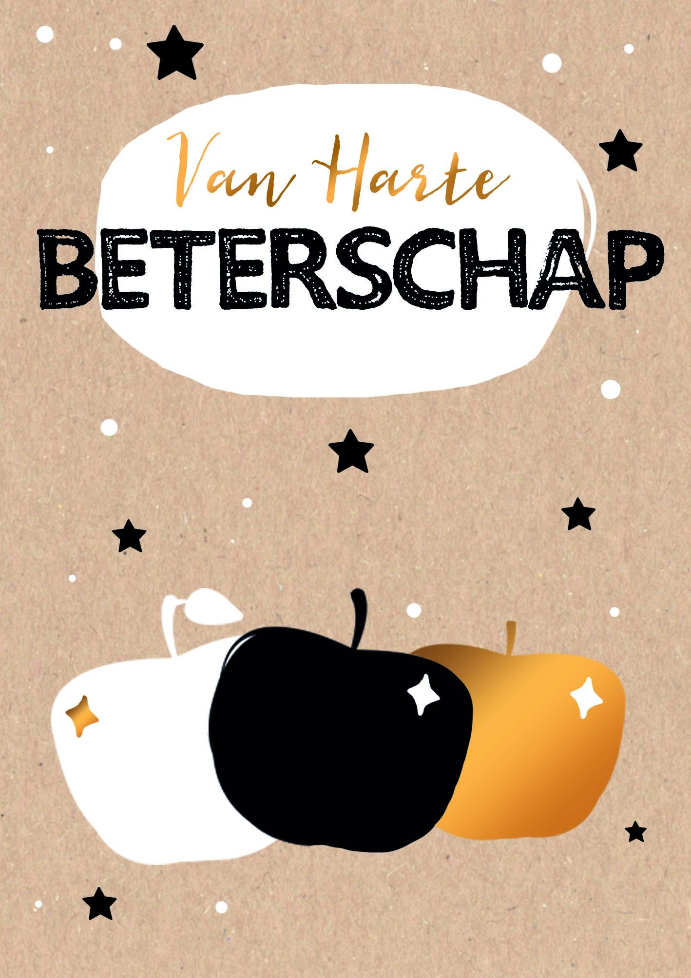 Op deze wenskaart staan drie appels met daarboven de tekst: "Van harte beterschap".