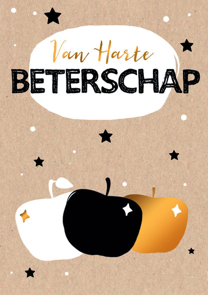 Op deze wenskaart staan drie appels met daarboven de tekst: "Van harte beterschap".