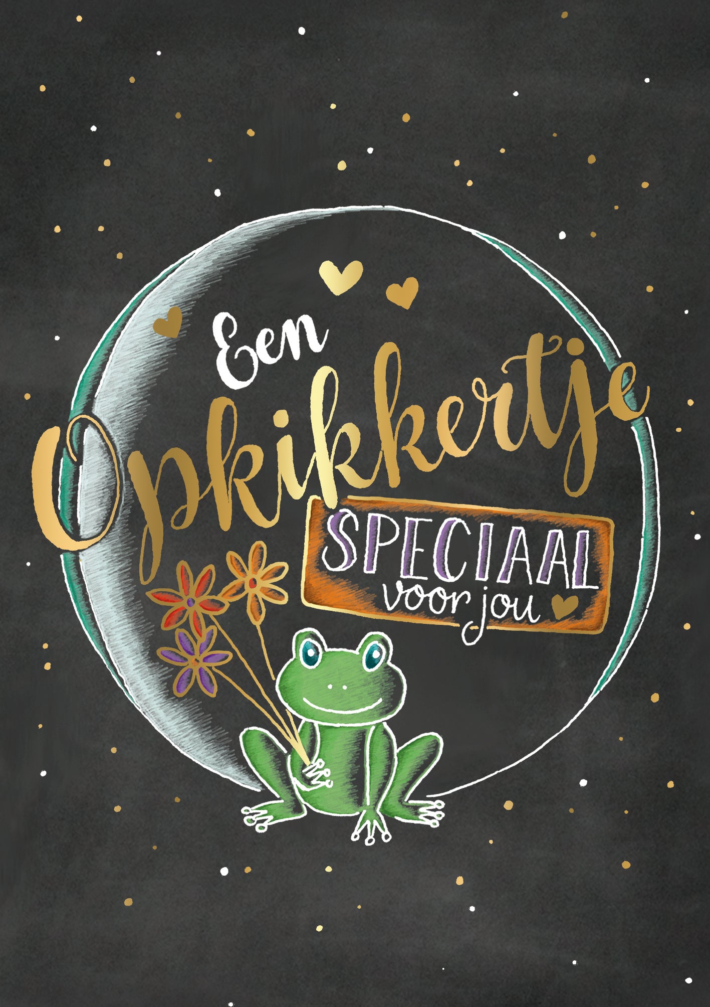 Op deze wenskaart staat de tekst: "Een opkikkertje speciaal voor jou" met een kleine kikker die bloemen vasthoudt.