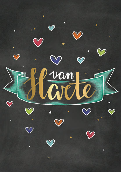 Op deze wenskaart staan hartjes in diverse kleuren met de tekst: "Van harte".