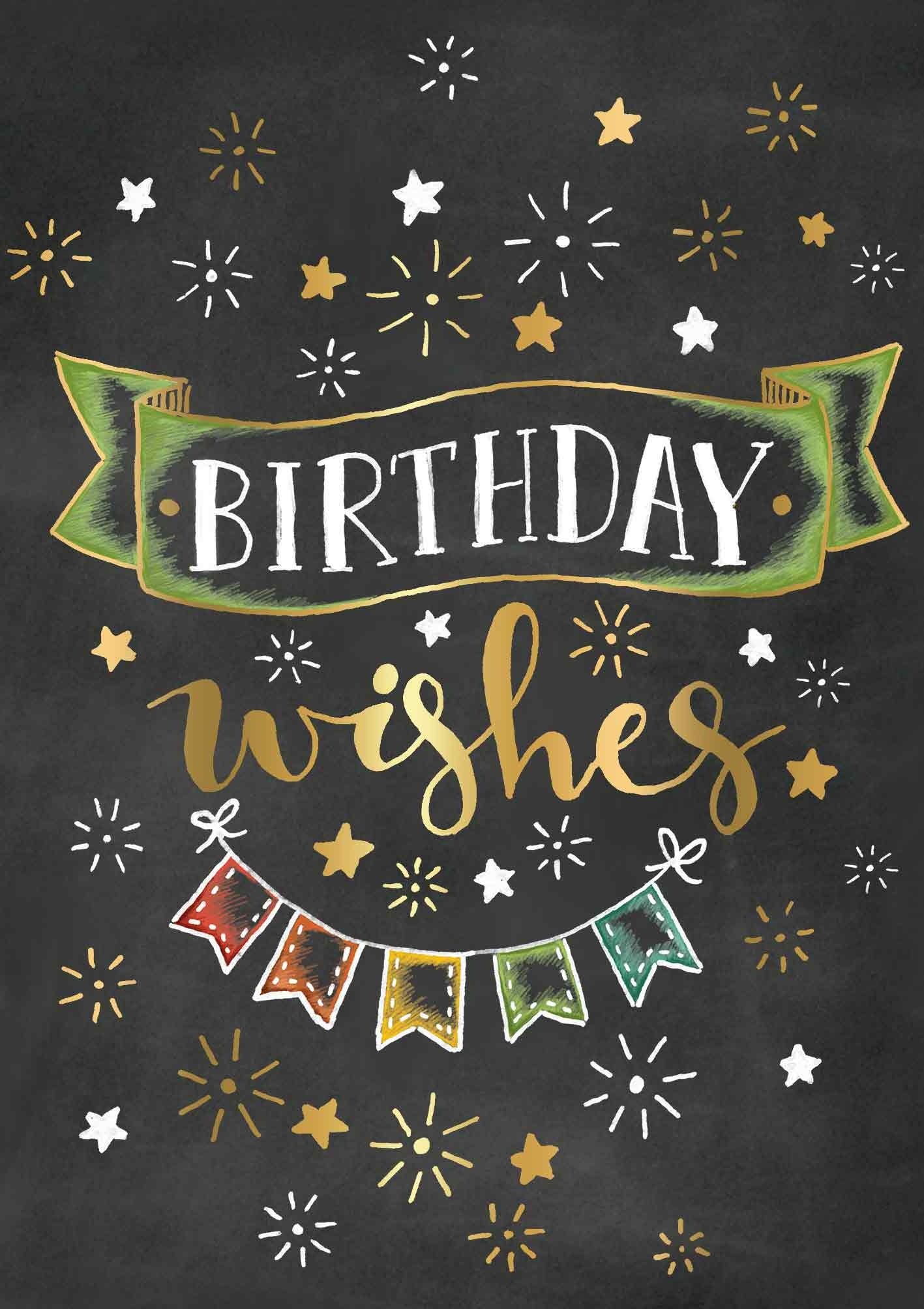 Op deze wenskaart staat een slinger met daarboven de tekst: "Birthday wishes".