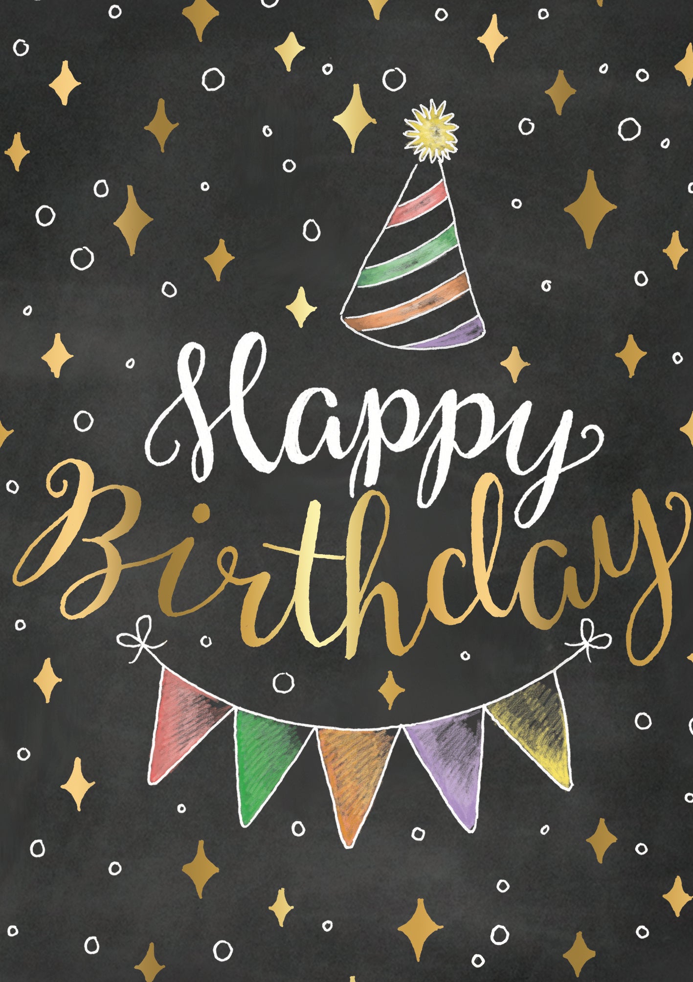 Op deze wenskaart staat een slinger met daarboven de tekst: "Happy birthday".