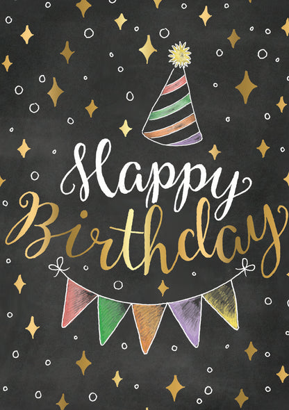 Op deze wenskaart staat een slinger met daarboven de tekst: "Happy birthday".