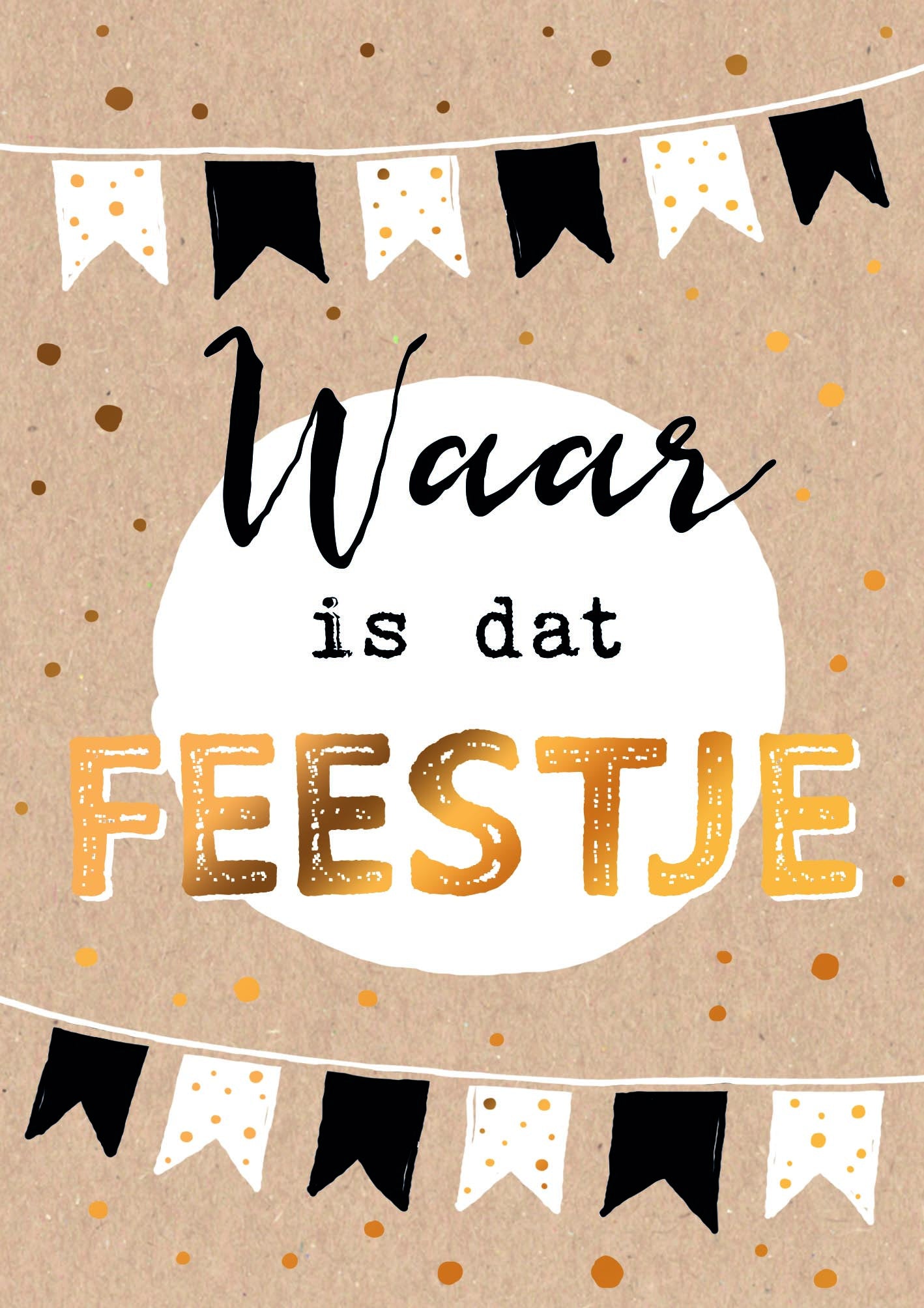Op deze wenskaart staan slingers met daartussen de tekst: "Waar is dat feestje".