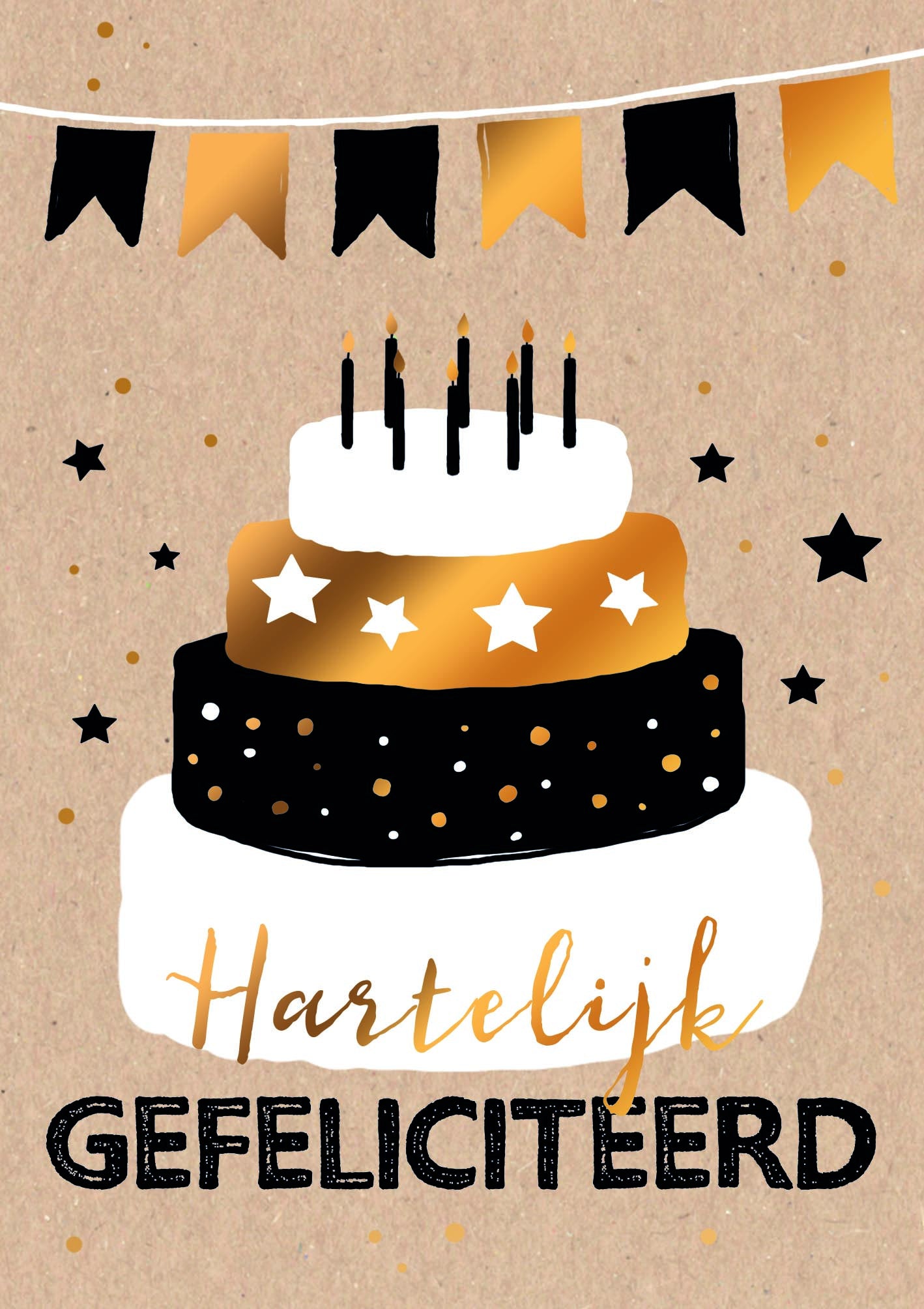 Op deze wenskaart staat een vierlaagse taart met daarboven slingers. In de illustratie staat de tekst: "Hartelijk gefeliciteerd".