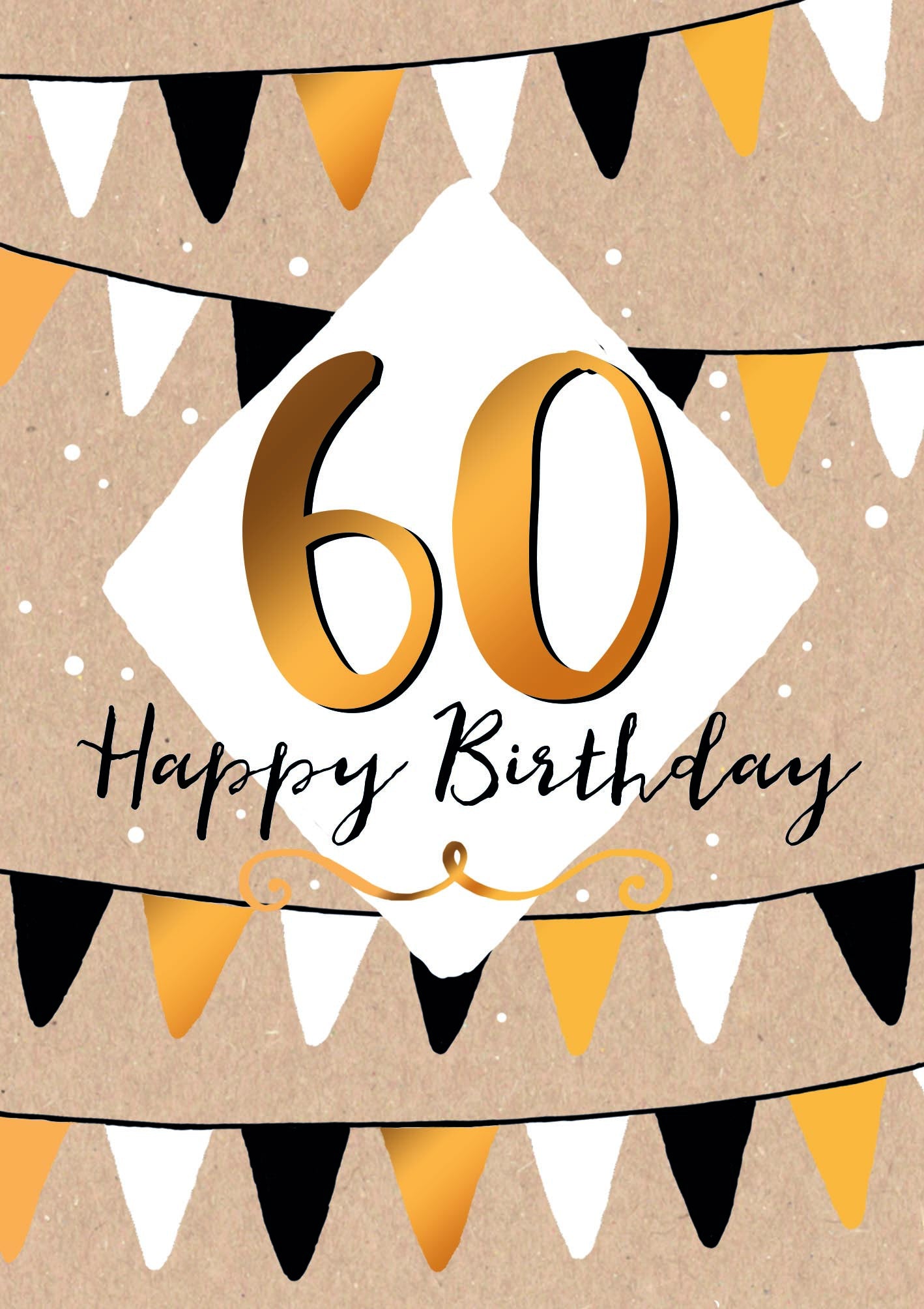 Op deze wenskaart staan slingers met in het midden een ruit met de tekst: "60 Happy birthday".
