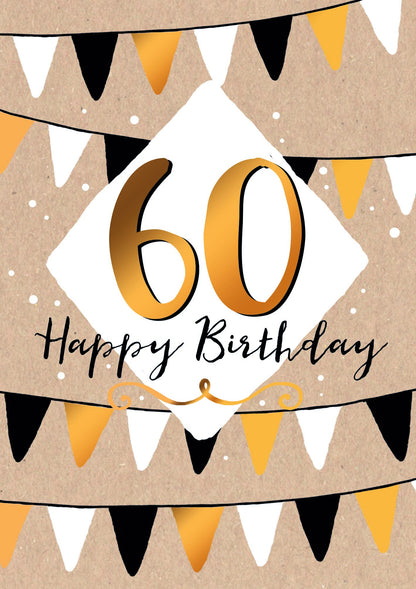Op deze wenskaart staan slingers met in het midden een ruit met de tekst: "60 Happy birthday".