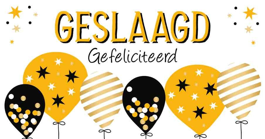 Op deze wenskaart staan ballonnen in de kleuren oranje, goud, wit en zwart met daarboven de tekst: "Geslaagd gefeliciteerd".