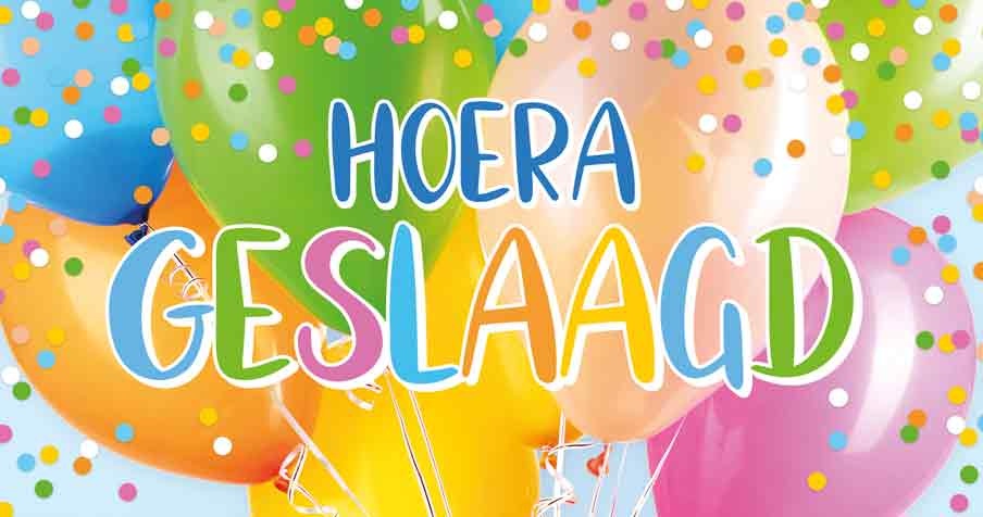 Op deze wenskaart staan ballonnen in de kleuren oranje, groen, blauw, geel en roze met in het midden de tekst: "Hoera geslaagd".