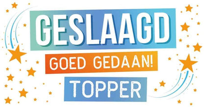 Op deze wenskaart staan oranje sterren met in het midden de tekst: "Geslaagd goed gedaan! Topper".