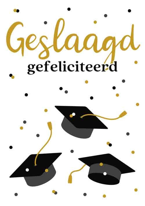 Op deze wenskaart staan afstudeerhoedjes met daarboven de tekst: "Geslaagd gefeliciteerd".