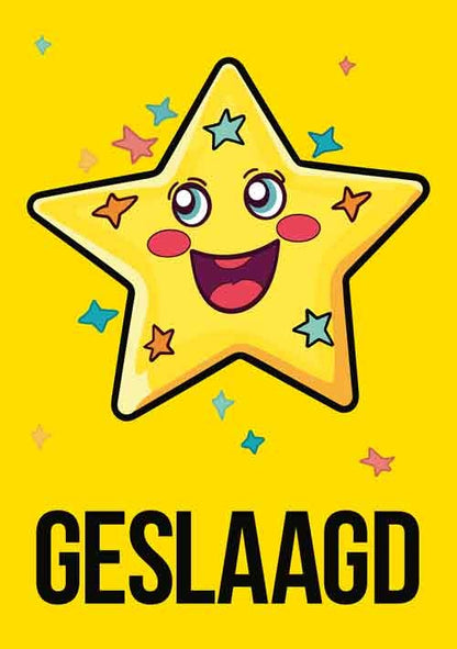 Op deze wenskaart staan sterren in de kleuren geel, groen, blauw en oranje met de tekst: "Geslaagd".