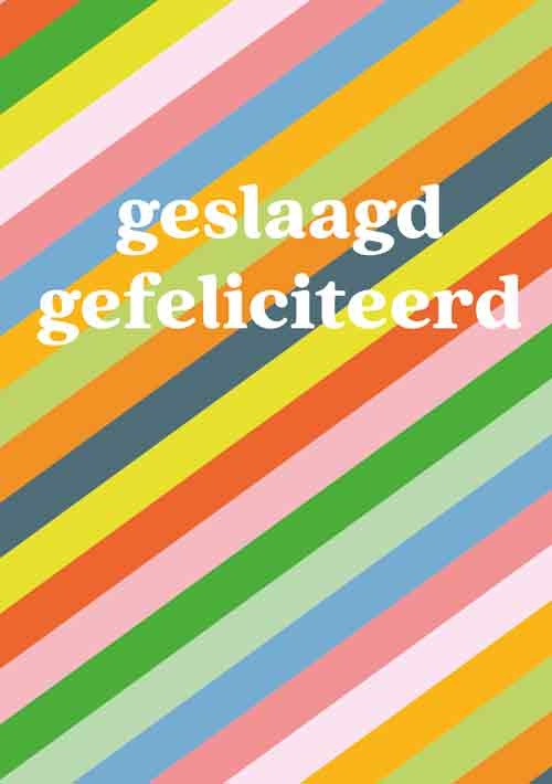 Op deze wenskaart staan lijnen in de kleuren rood, groen, roze, blauw, oranje en geel met in het midden de tekst: "Geslaagd gefeliciteerd".