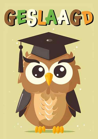 Op deze wenskaart staat een uil met een afstudeerhoedje op en daarboven de tekst: "Geslaagd".