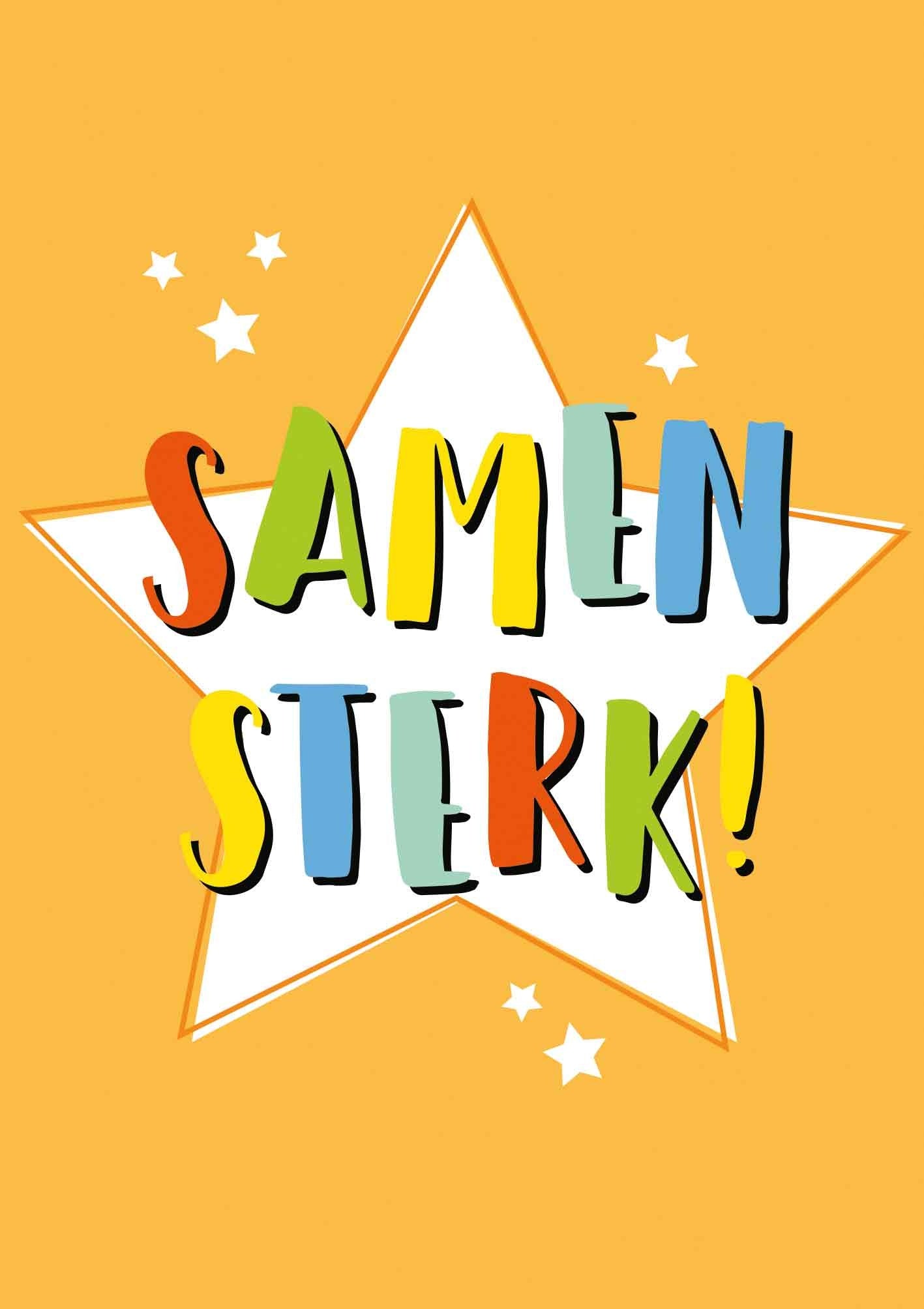 Op deze wenskaart staan witte sterren op een oranje achtergrond met de tekst: "Samen sterk!".